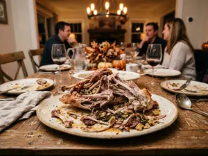 What do you call a turkey after Thanksgiving dinner?