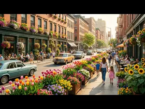 Where do flowers grow along busy streets?