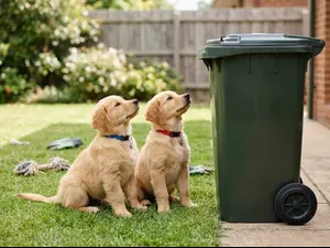 Why did the puppy siblings hang around the trash can?